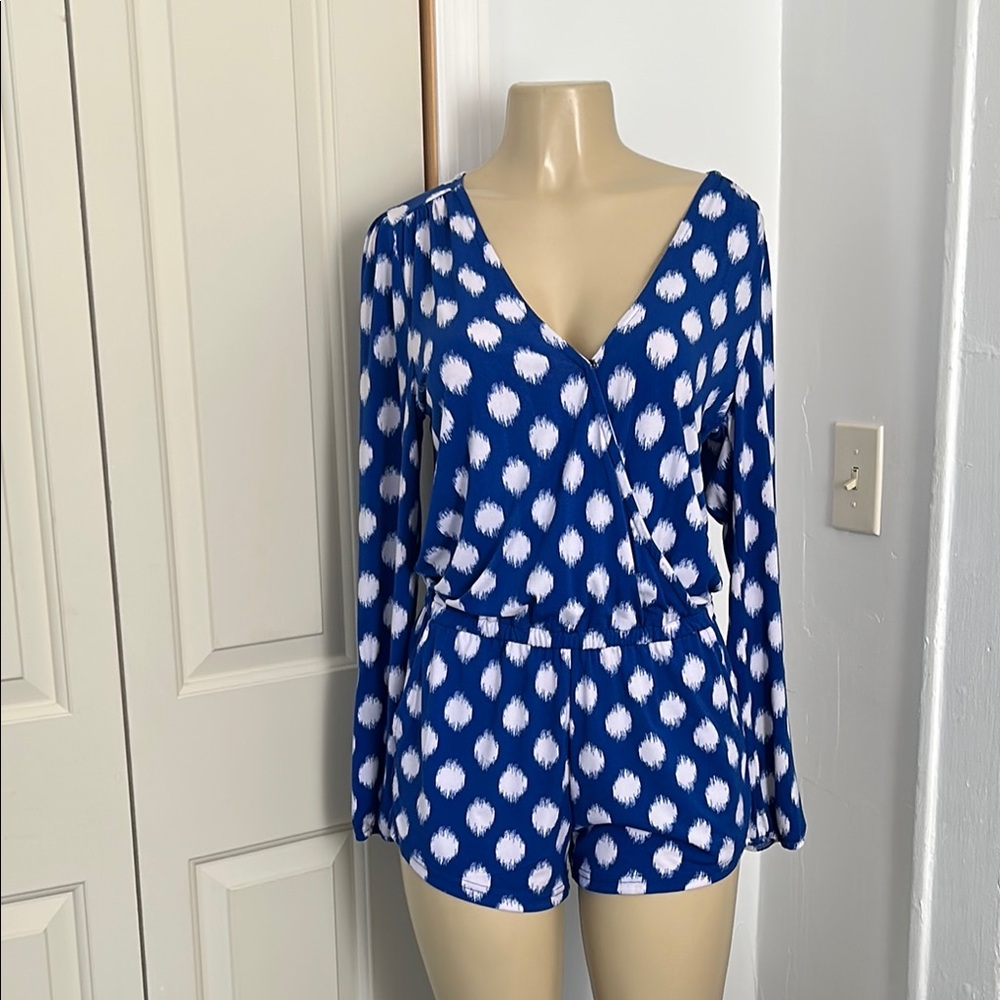 Macbeth Collection Blue and White Wrap  Short Romper with V-Neck